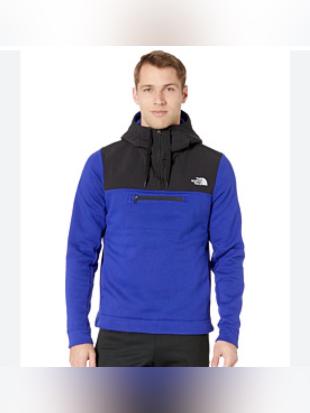 North Face Royal Blue Black Hooded Pullover Athletic Outdoor Sz L Front Zip Pckt